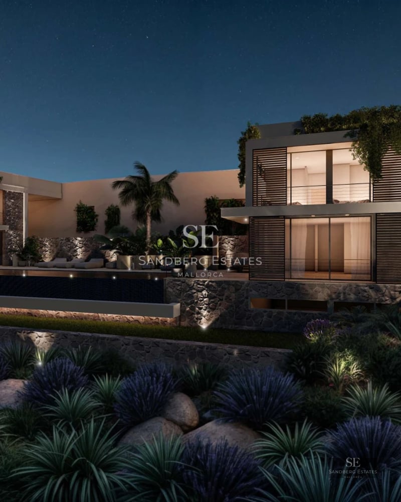 Modern facade with pool and garden. Large windows, minimalist architecture, abundant natural light. Elegant landscaping design.