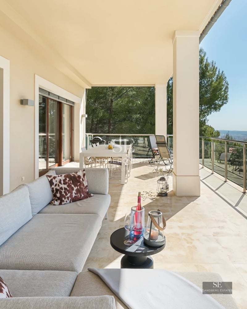 Aerial view of modern villa with infinity pool, lush garden, and spacious terraces. Minimalist and luxurious architectural design.
