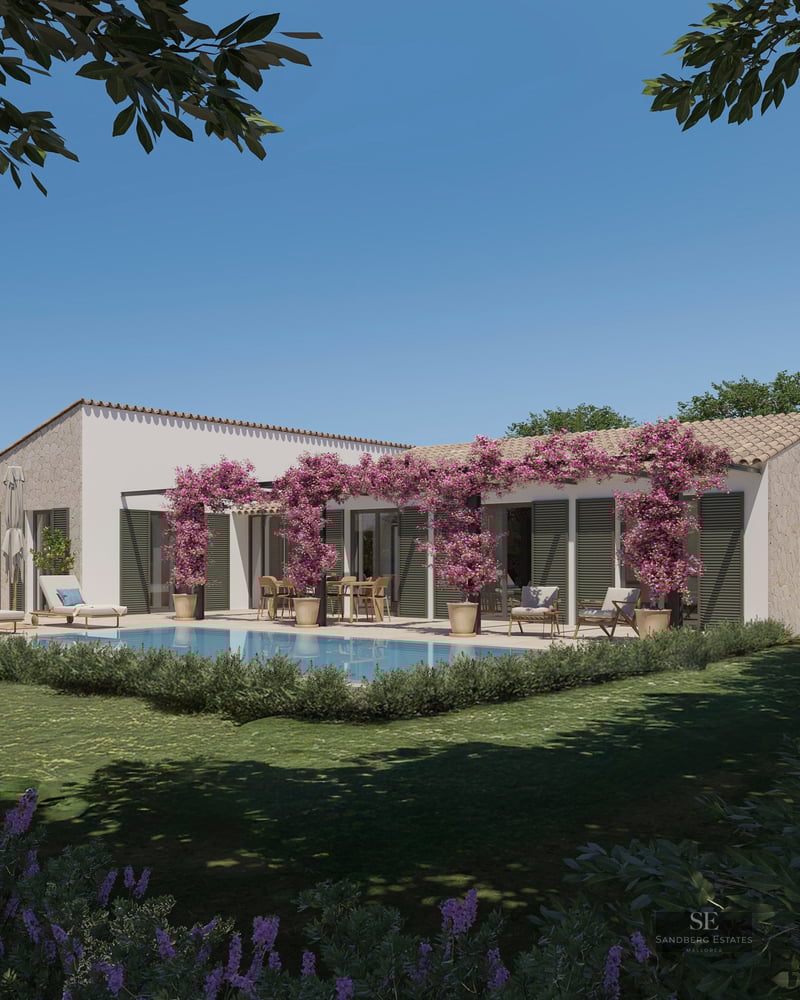 Modern one-story villa with a turquoise pool, lush garden, and pink bougainvillea climbing a pergola under a blue sky.