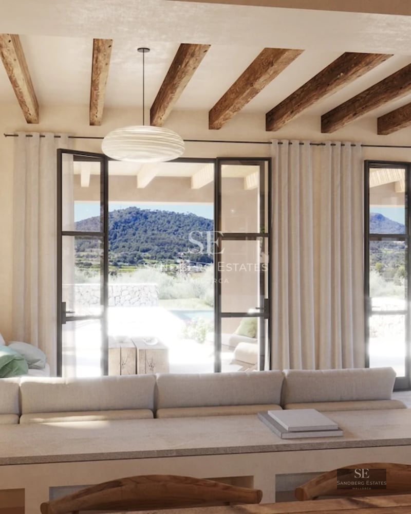 Exterior view of a modern villa featuring an infinity pool, spacious terrace, glass windows, and minimalist design. Lush vegetation.