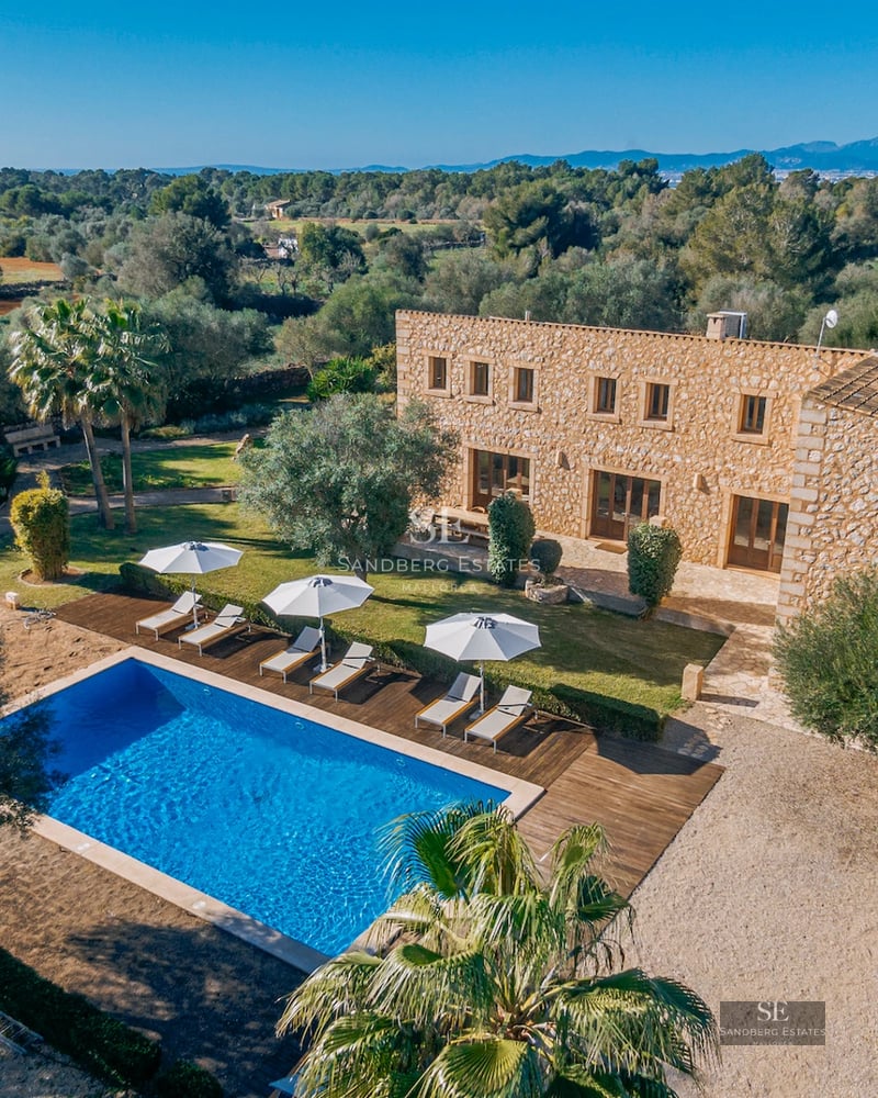 Exterior view of a modern house with pool. Minimalist design, large windows, infinity pool, and lush vegetation.