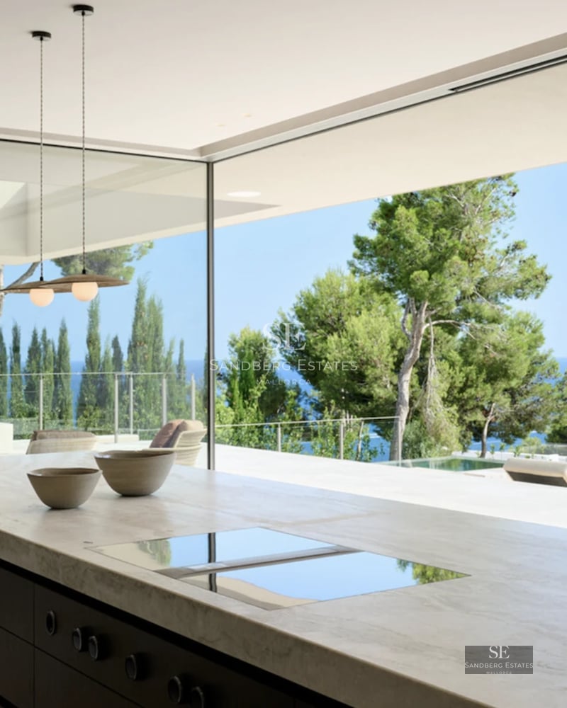 View of a modern house with a pool, surrounded by greenery. Contemporary architectural design with large windows and luxurious finishes.