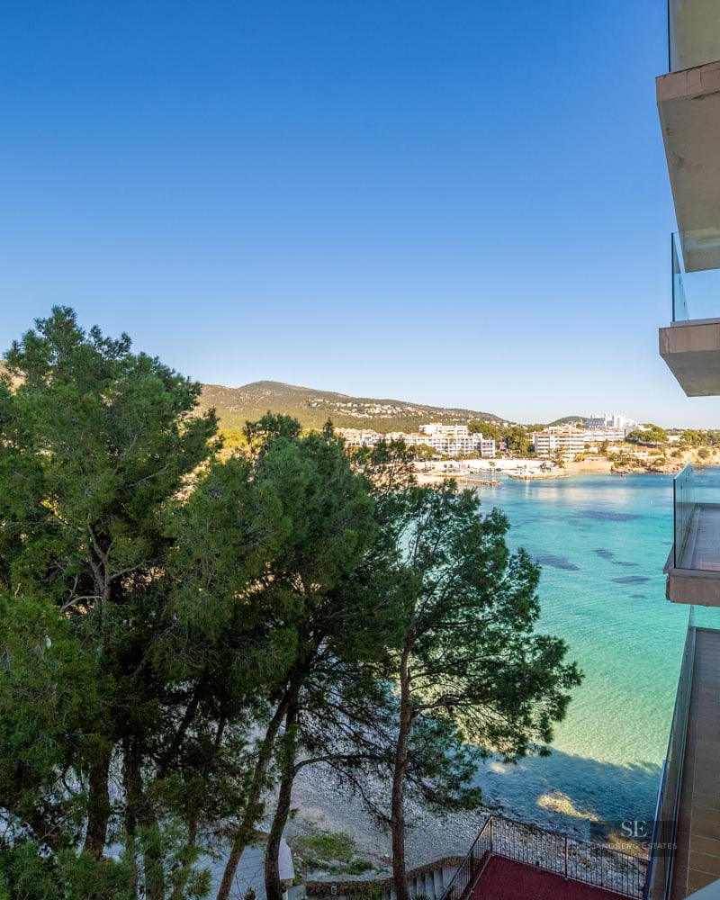 Apartment balconies overlooking a turquoise Mediterranean bay with pine trees and clear blue sky.