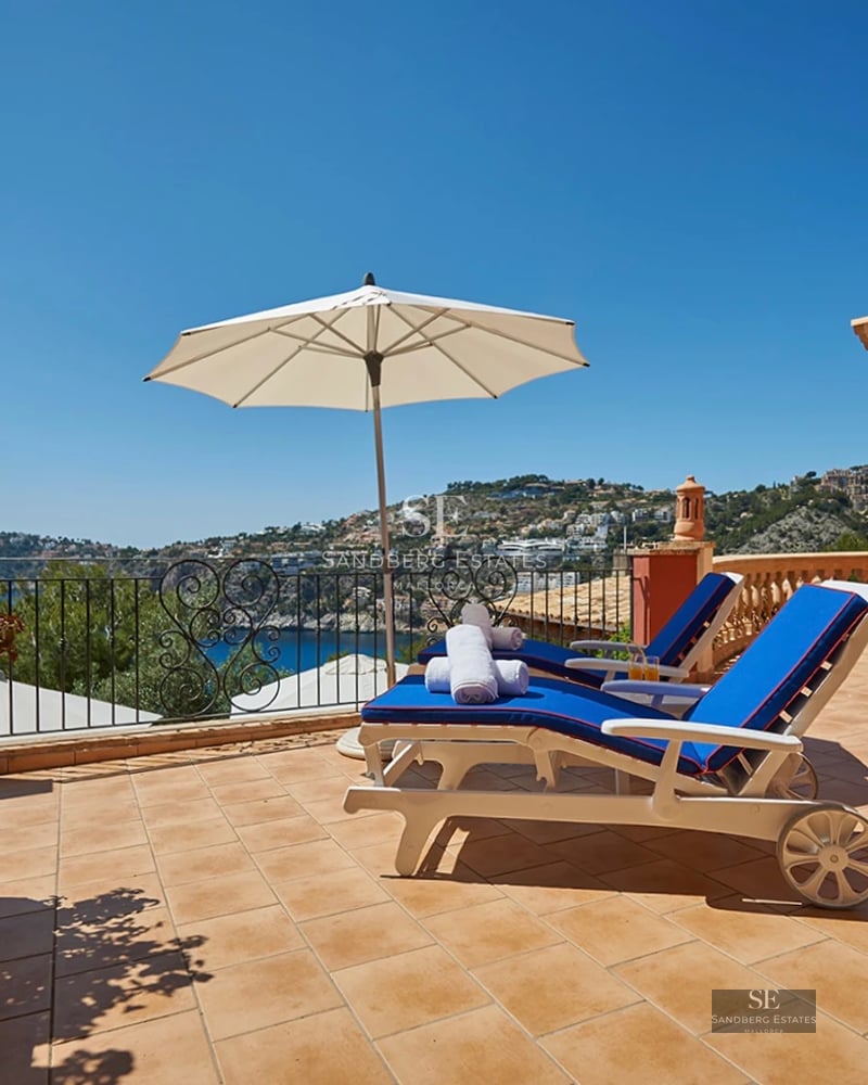Aerial view of modern villa with infinity pool, lush garden and minimalist architecture with wide terraces.