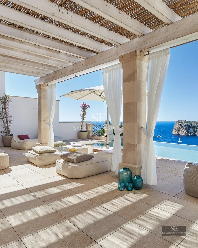 Exterior view of a modern villa with an infinity pool, lush garden, and spacious terraces. Elegant architecture and landscaping.