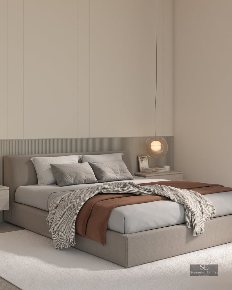 Minimalist master bedroom with a large bed, floating nightstands, globe pendant lights, and a textured slatted accent wall.