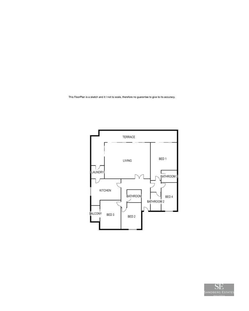 2D architectural floor plan showing the layout of a 4-bedroom apartment with terrace, balcony, and living areas.