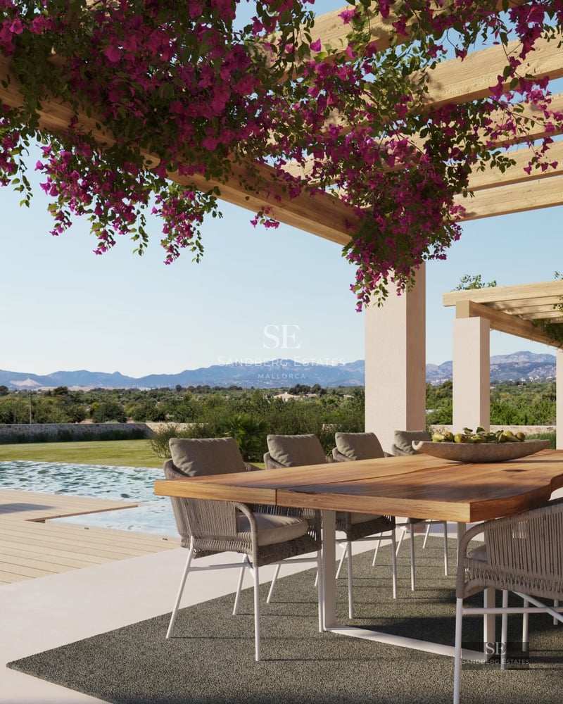 Exterior of a luxury home with a pool, manicured garden and modern architecture. Warm lighting and serene atmosphere.