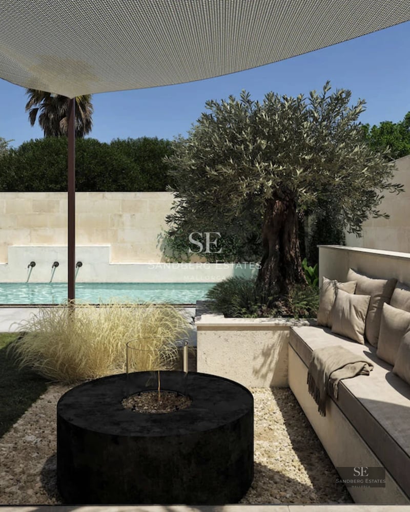 Exterior view of modern villa featuring an infinity pool, lush garden, and minimalist architecture with large windows.