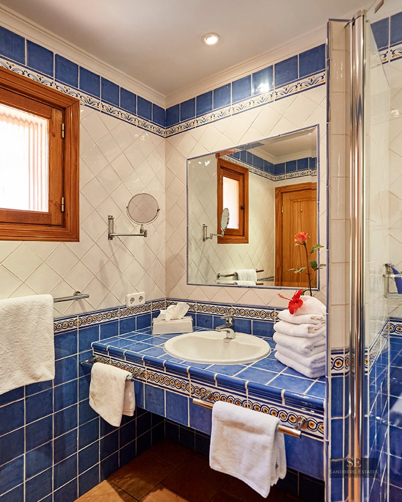 Bathroom with blue and white tiles, integrated vanity, mirror, glass shower door, and wooden window frame.