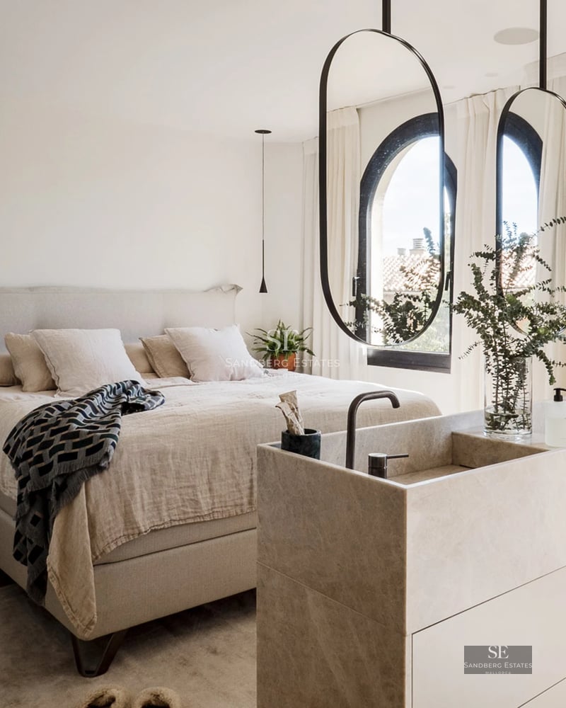 Exterior view of a modern property with a pool and spacious terraces. Minimalist design, elegant architecture, lush gardens.