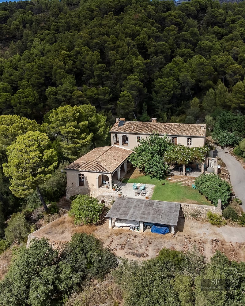 Bird's eye view of a rustic villa with terracotta roofs surrounded by a dense green pine forest on a hillside.