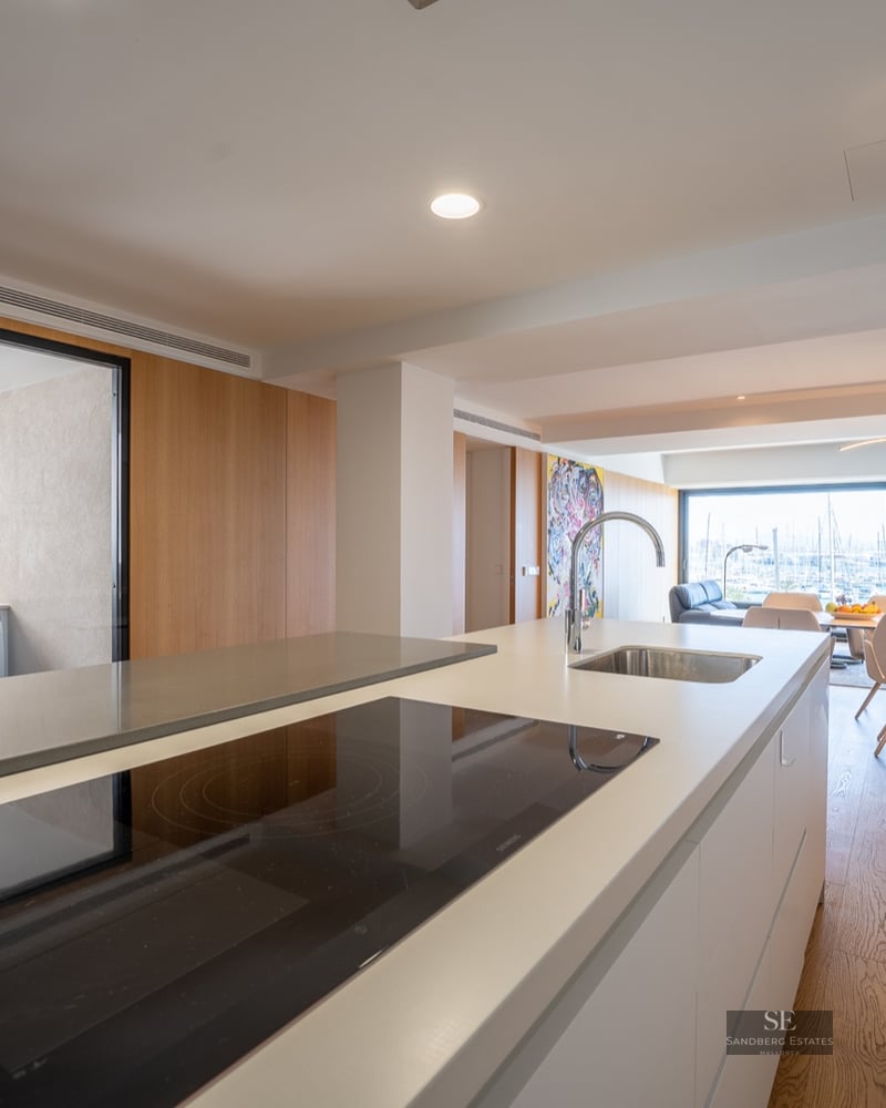 Kitchen island with induction cooktop and sink, looking towards a dining area and the harbor in the background.