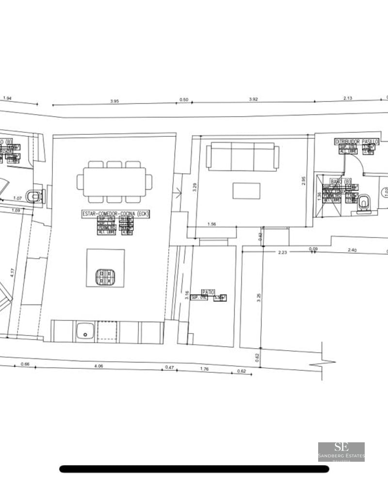 Black and white 2D architectural floor plan of a ground floor apartment showing room layouts and dimensions.