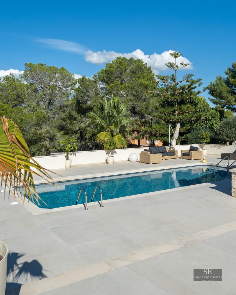 Piscine rectangulaire à l'eau cristalline, entourée de dalles grises et de palmiers en pots sous un ciel bleu.