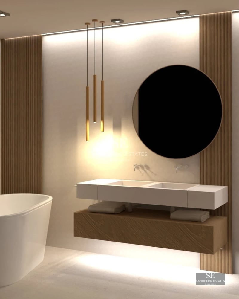 View of a modern villa with infinity pool and lush garden. Contemporary architecture, perfect for relaxation.