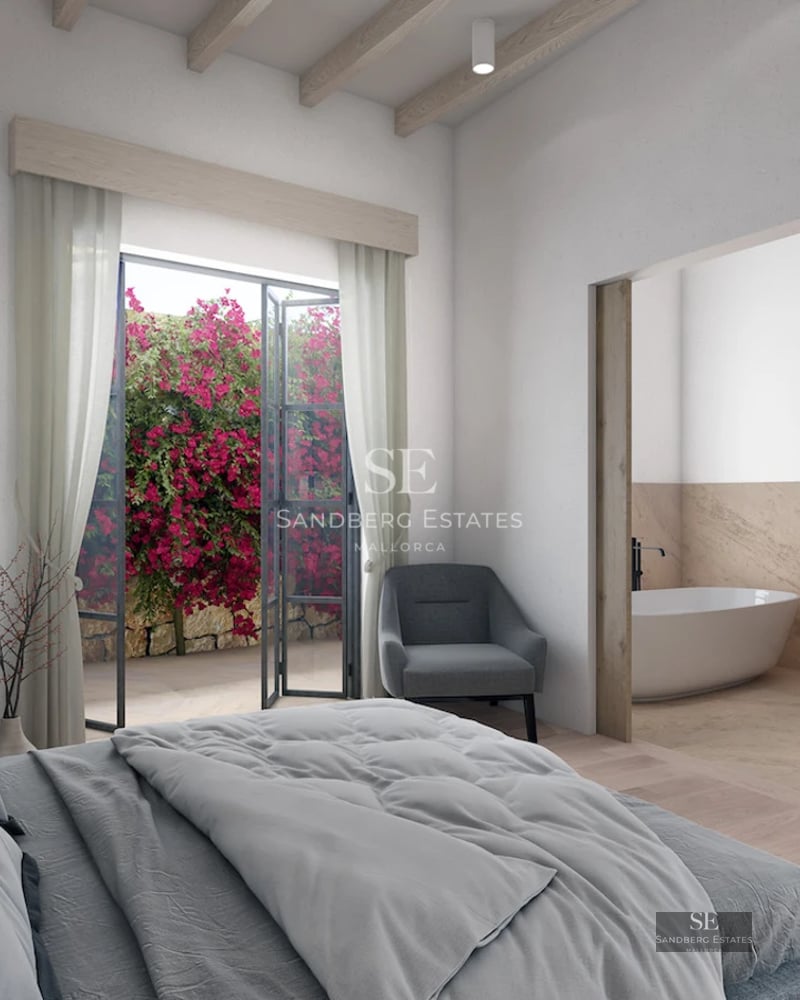 Exterior view of a modern villa featuring a swimming pool, lush garden, and spacious terraces. Minimalist architectural design with clean lines.