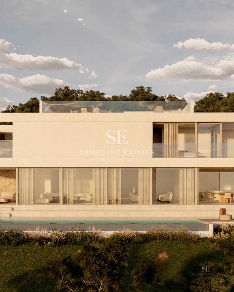 View from balcony with pool. Modern furniture, wood flooring, glass railing, palm trees, blue sky. Natural lighting.