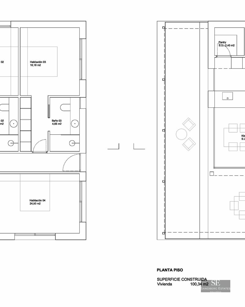 Architectural floor plans for two levels showing bedrooms, bathrooms, living area, and kitchen.