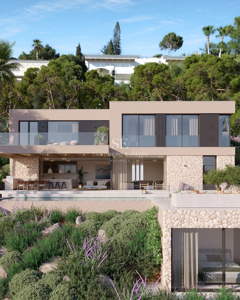 Exterior of a modern villa featuring an infinity pool, lush garden, and expansive terraces. Contemporary architectural design with large windows.