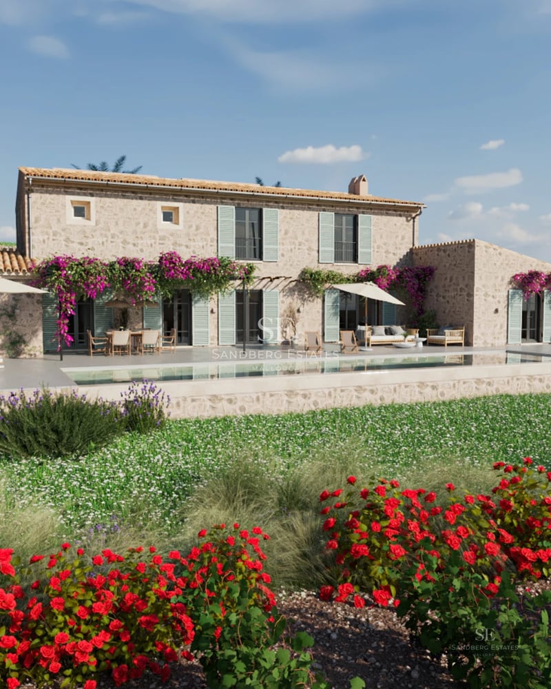 Exterior of modern villa featuring a pool, lush garden, and minimalist architecture. Natural light highlights clean lines and high-end finishes.