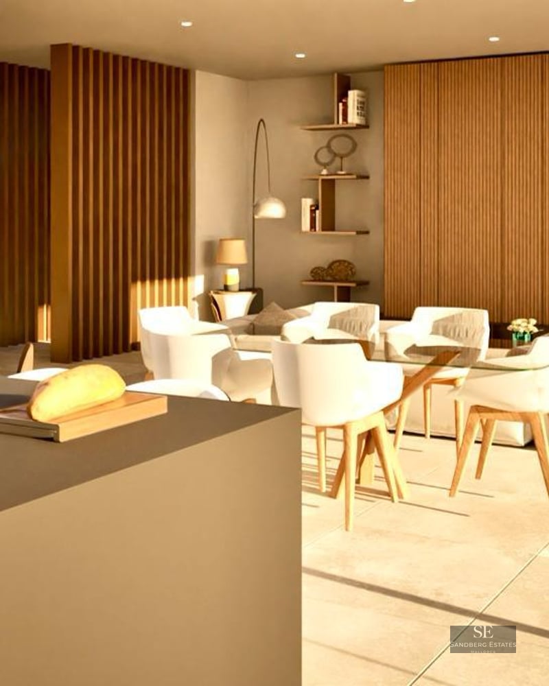 Spacious modern living area with a fireplace, integrated dining room, and premium wood finishes.