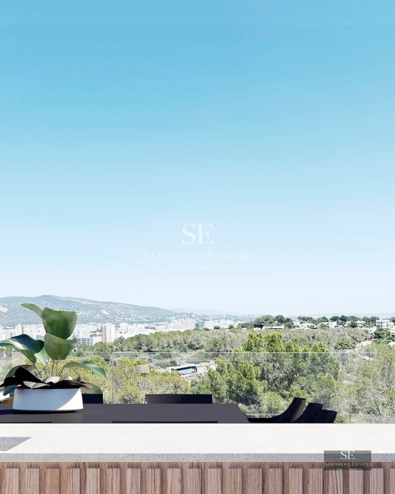 Spacious terrace with swimming pool surrounded by lush greenery. Modern architecture with large windows and manicured landscaping.