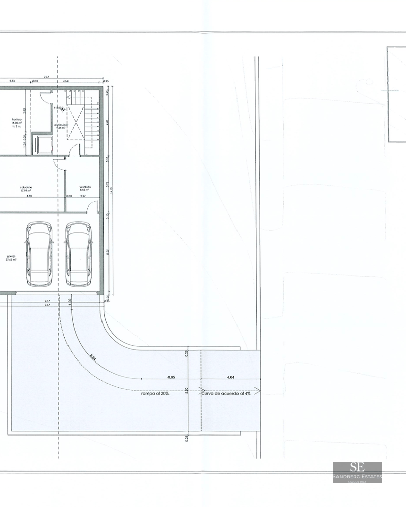 Architectural floor plan showing a two-car garage, laundry room, and storage area in the basement.