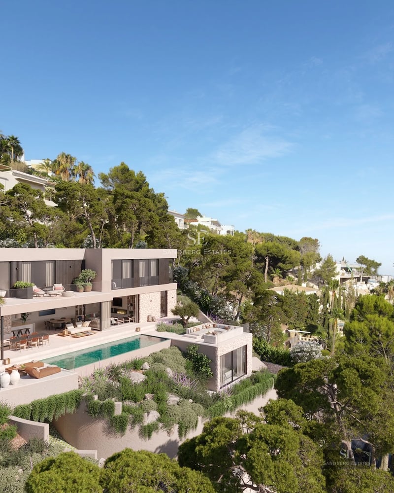Pool view with sun loungers and palm trees. Modern facade with large windows. Minimalist design. Luxury and comfort.