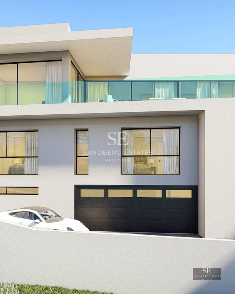 Exterior view of a modern villa with infinity pool, terrace with loungers, and lush garden. Minimalist architecture with large windows.