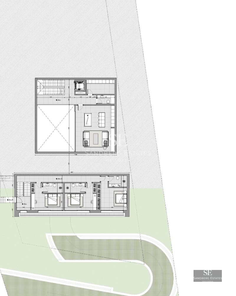 Exterior view of a modern villa with a swimming pool, manicured garden, and large windows. Minimalist architecture and high-quality finishes.