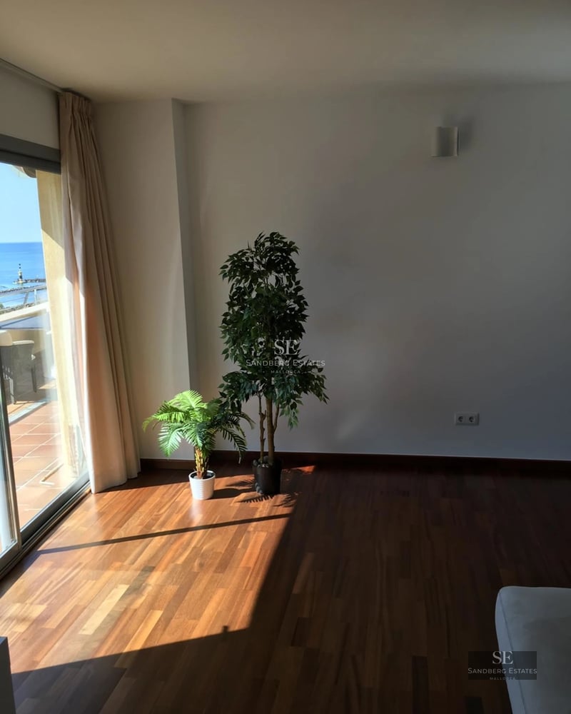 Grand salon avec baies vitrées, parquet clair, cheminée et mobilier moderne. Vues spectaculaires.