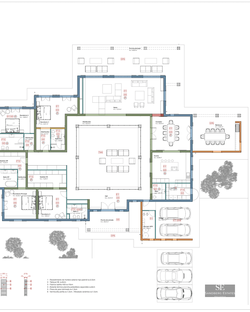 Detailed architectural floor plan showing room layouts, garage, and terraces of a luxury villa.