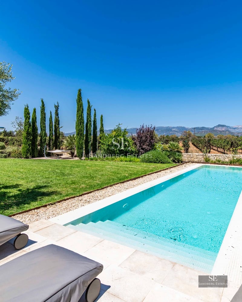 Spacious, bright living room with fireplace, leather sofas, and panoramic windows overlooking the terrace. Modern design with neutral color palette.