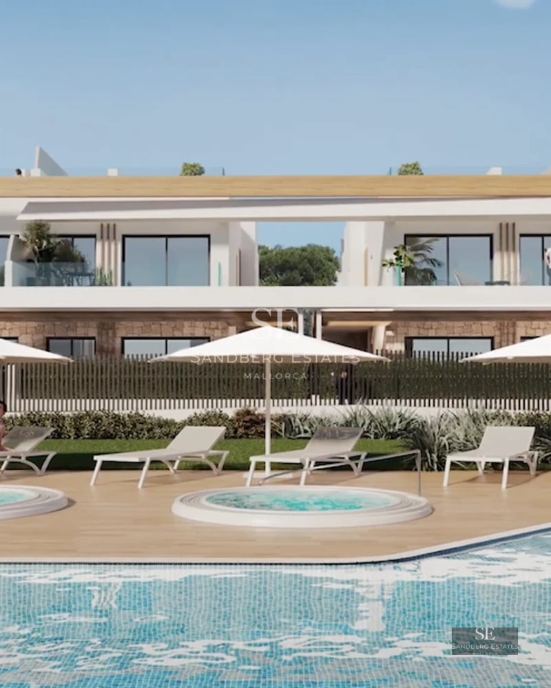 Exterior view of a modern villa with a swimming pool. Minimalist white facade, large windows, turquoise pool, and lush garden.