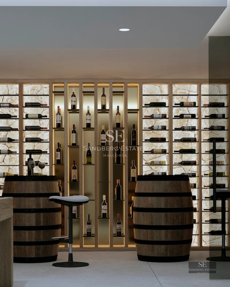 Aerial view of a modern villa with infinity pool, lush garden, and minimalist architecture. Spacious and bright spaces.