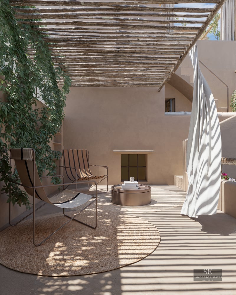 Sun-drenched patio with a wooden pergola casting striped shadows over minimalist chairs and lush climbing plants.