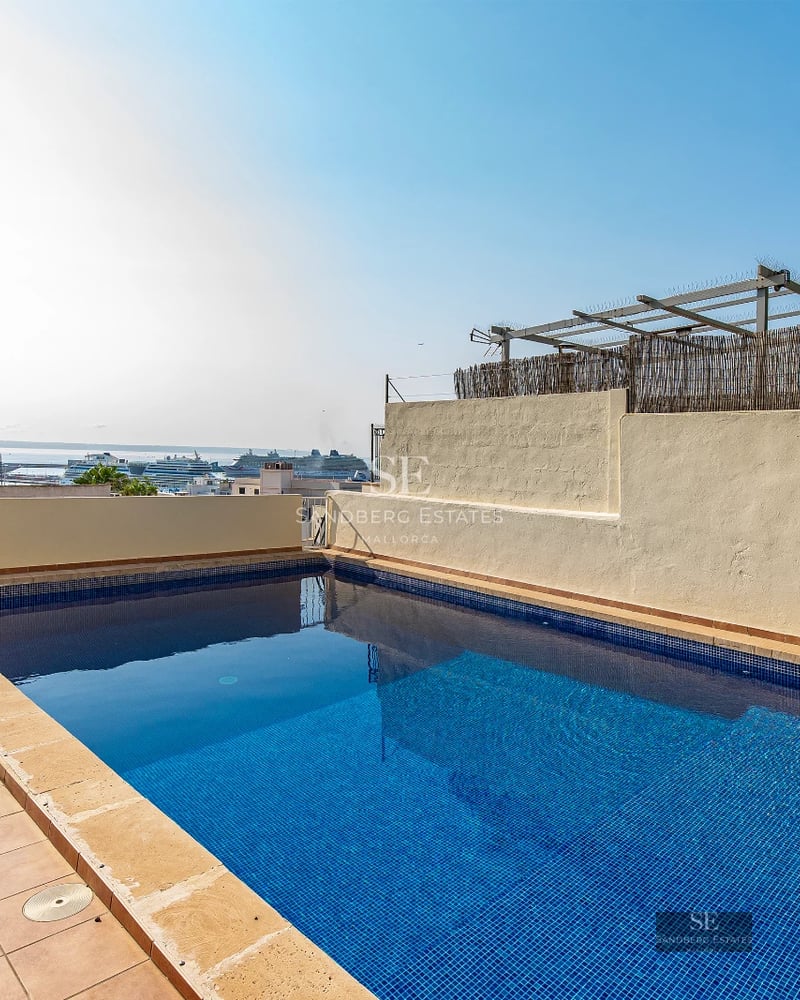 Expansive terrace with infinity pool and panoramic views. Modern design, sun loungers, and lush vegetation.