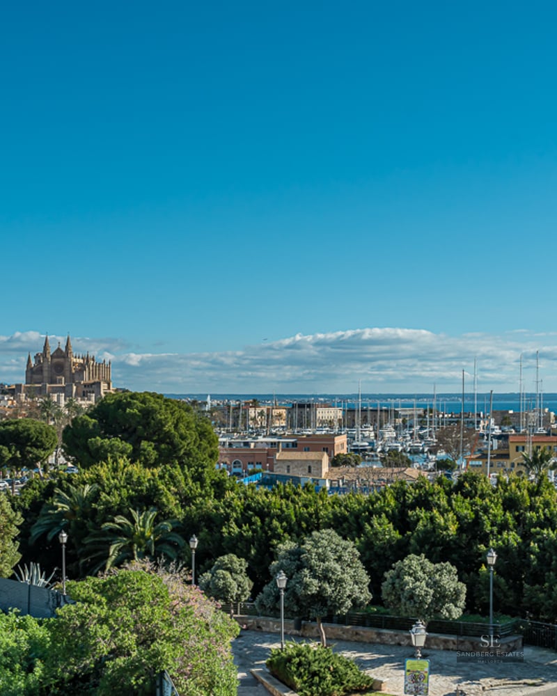 Scenic view overlooking lush green trees toward the Palma Cathedral and a harbor filled with sailboats under a blue sky.