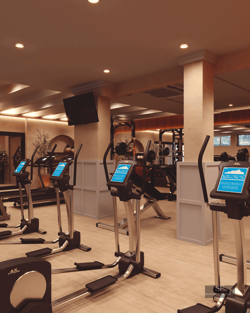 Intérieur d'une salle de fitness moderne avec vélos elliptiques, tapis de course et poids dans un cadre élégant.