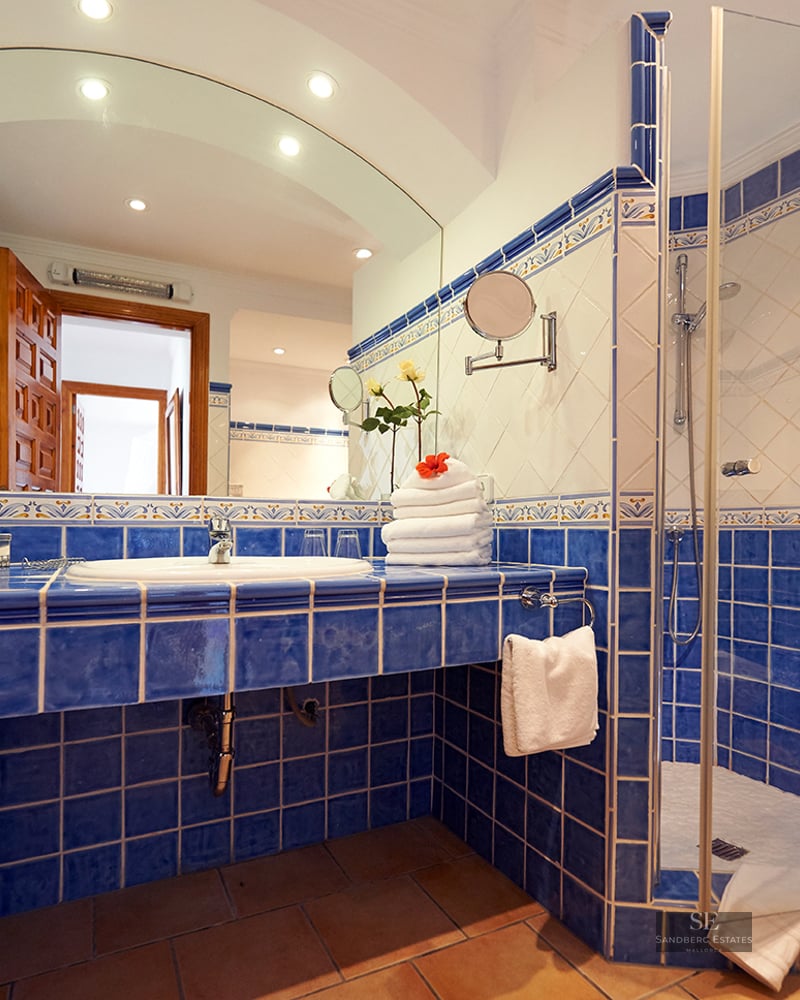 Blue and white tiled bathroom featuring a large arched mirror and a glass walk-in shower.