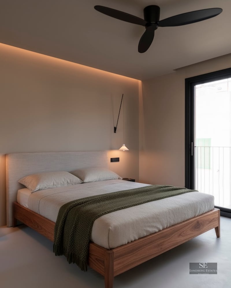 Chambre moderne avec lit en bois, suspensions design et porte vitrée coulissante ouvrant sur un balcon.