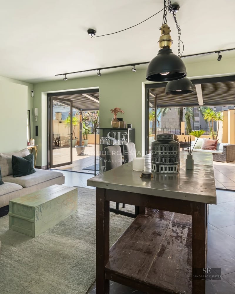 Spacious bright living room with large windows, wooden floors, and garden view. Modular grey sofa and modern decor.