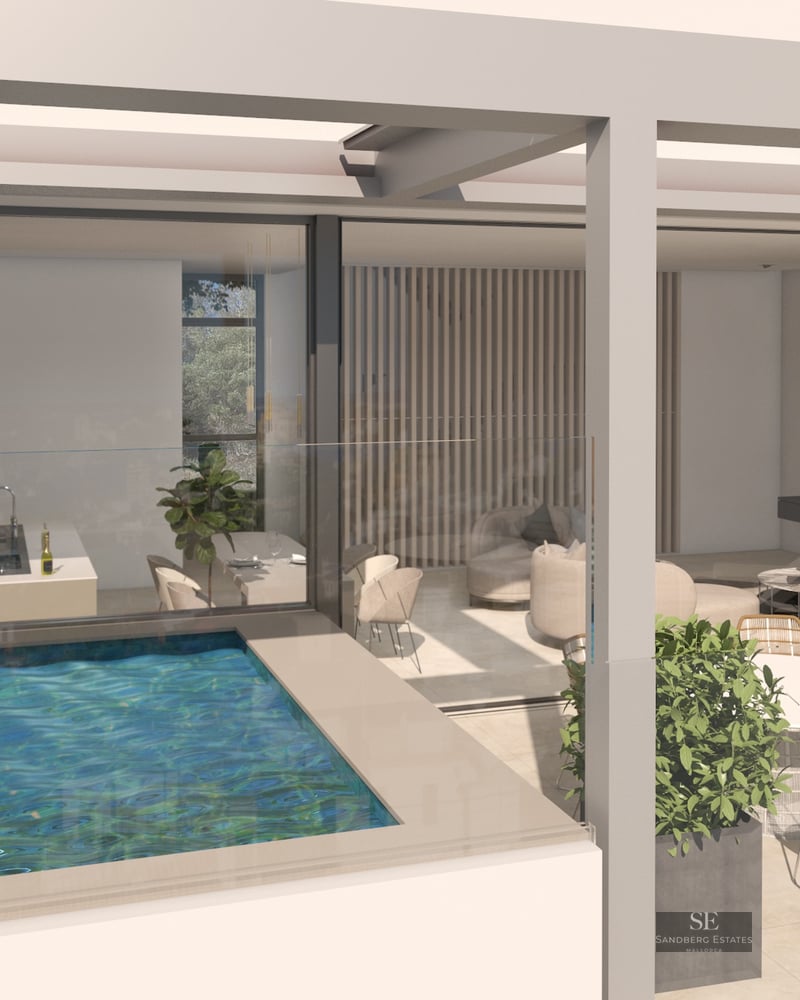 A modern terrace featuring a private plunge pool, sun loungers, and designer furniture next to floor-to-ceiling windows.
