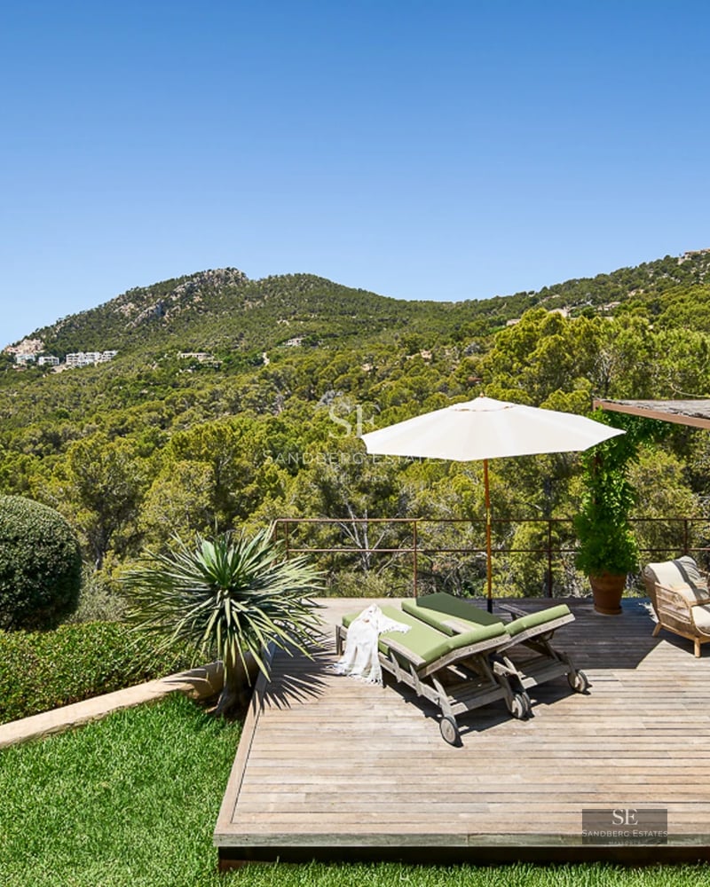 Exterior view of a modern house with infinity pool and large garden. Minimalist design with window fronts and direct access to nature.
