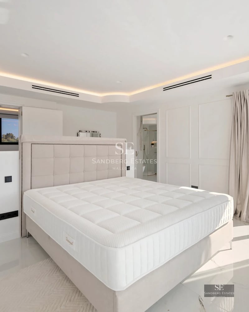 View of a modern villa with a pool, large window and terrace. Minimalist design with natural lighting. Lush garden.