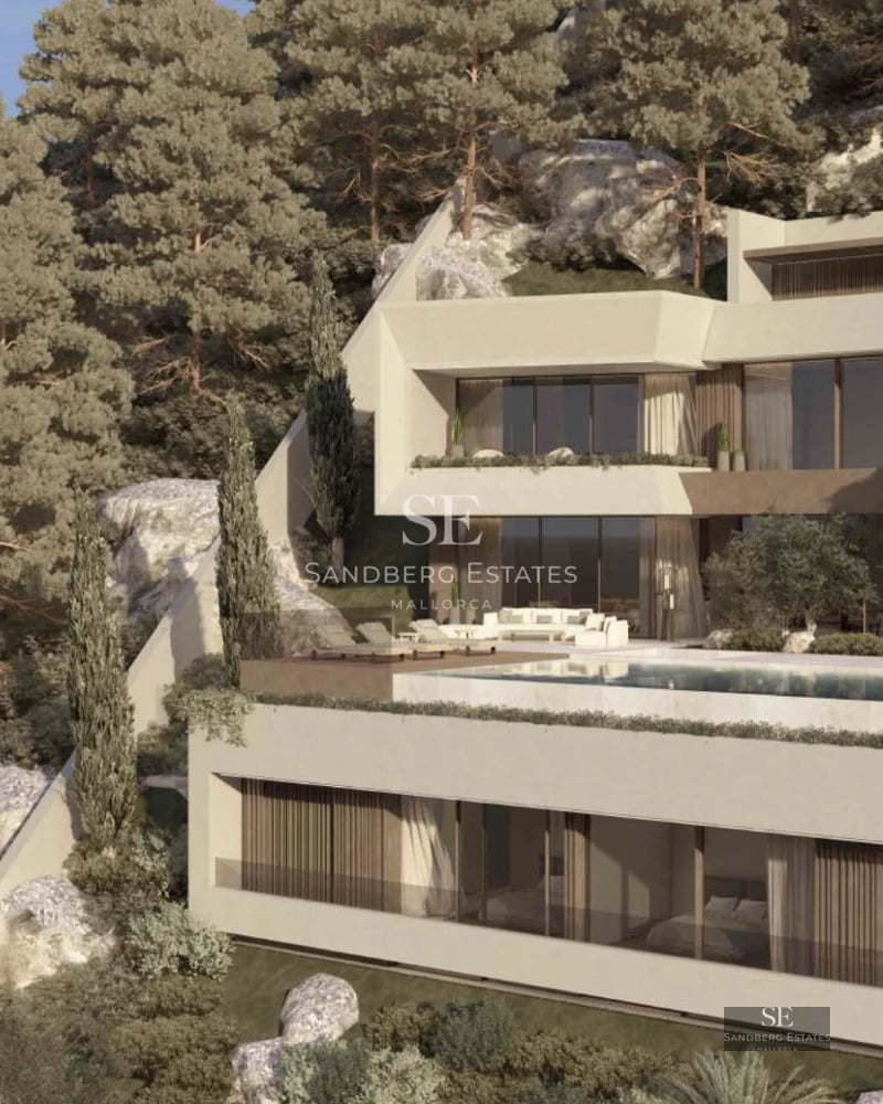 Exterior view of a modern villa featuring an infinity pool, wooden deck, expansive windows, and minimalist landscaping. Contemporary design.