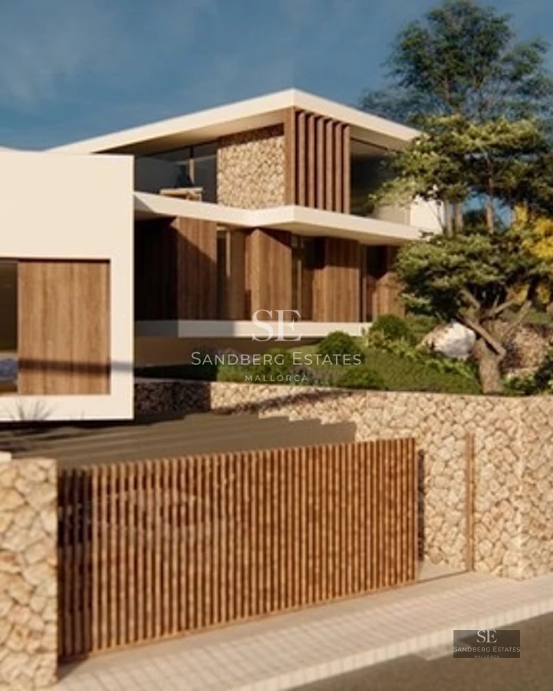 View of infinity pool and terrace of a modern villa with minimalist design, elegant furniture, panoramic sea views. Large windows.