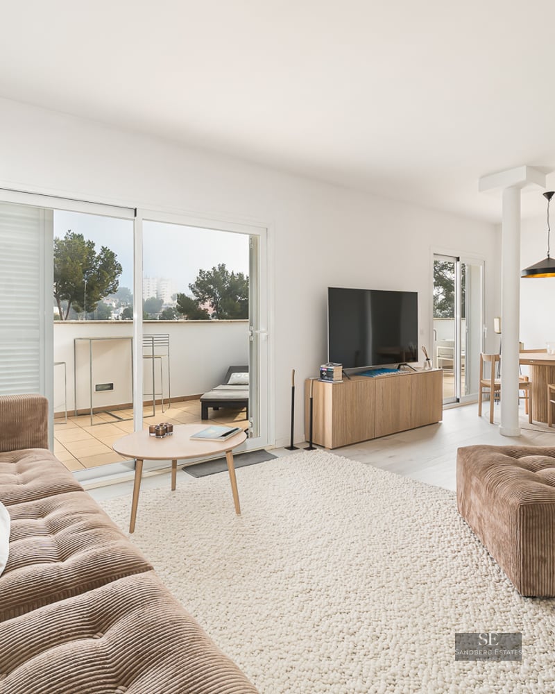 Modern living room with a brown corduroy sofa, large rug, and sliding glass doors leading to a sunlit terrace.