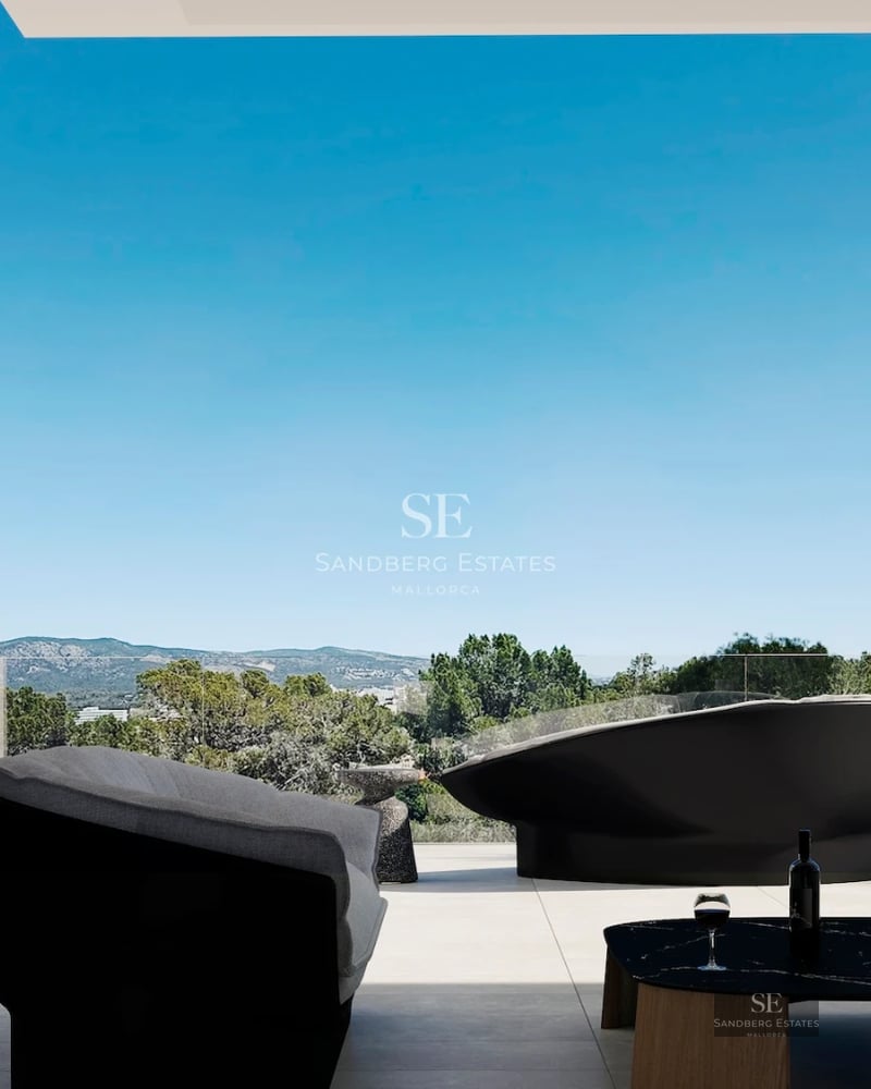 Infinity pool view with lush garden. Modern design with large windows. Elegant and minimalist outdoor furniture.